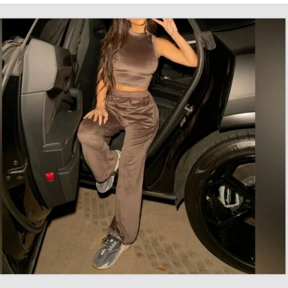 Skims Velour Wide Leg Lounge Pants Size M Brown Taupe Pull-On Athleisure - Picture 2 of 8